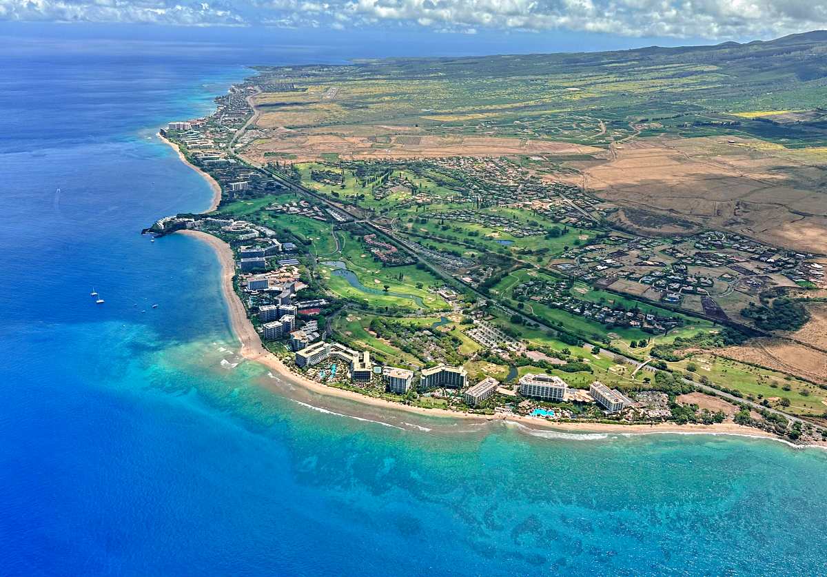 Aerial view of the beautiful Kaanapali Beach and the resorts